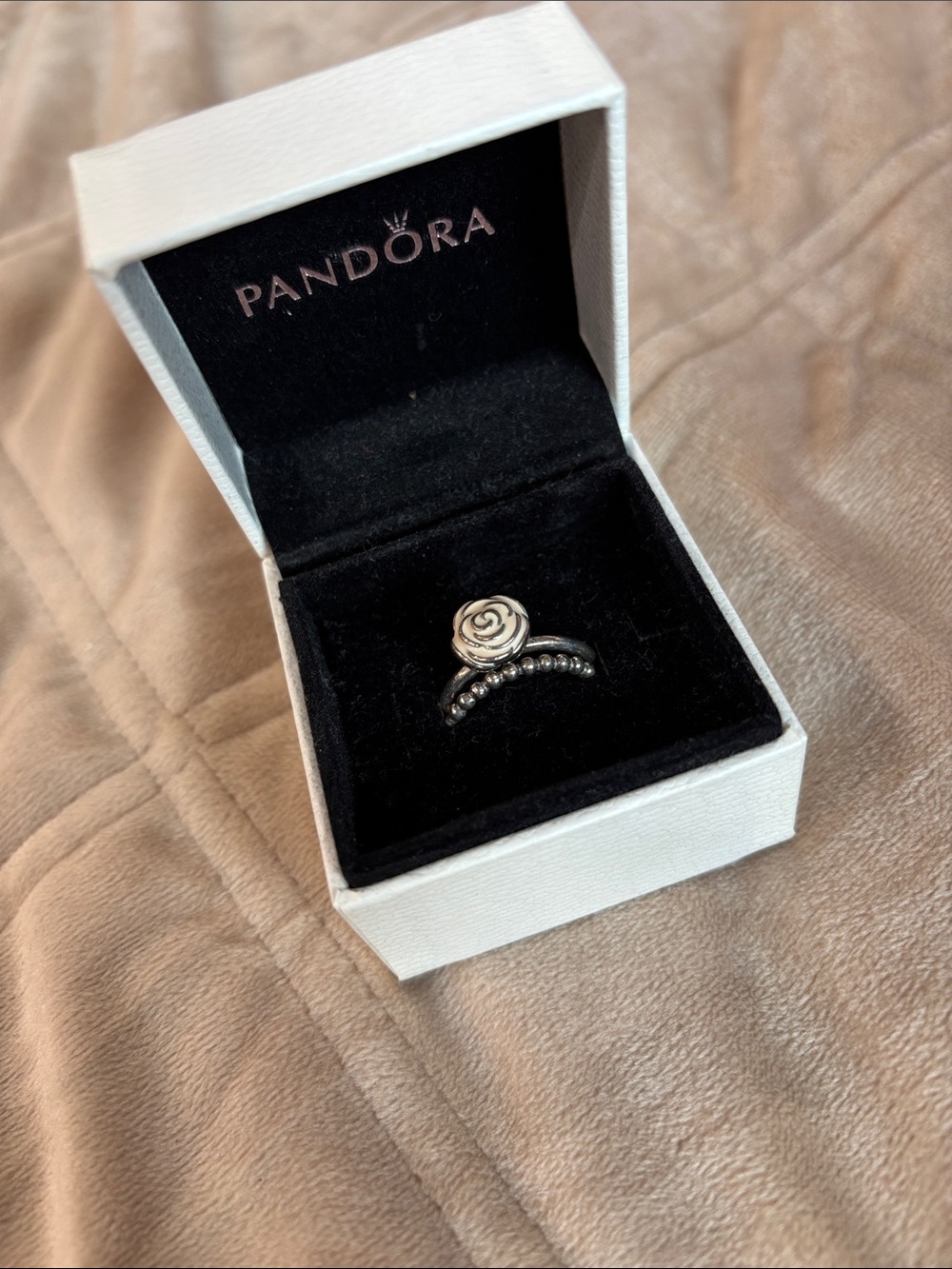 Pandora Silver Rose Motif Stackable Ring with Beaded Band Set